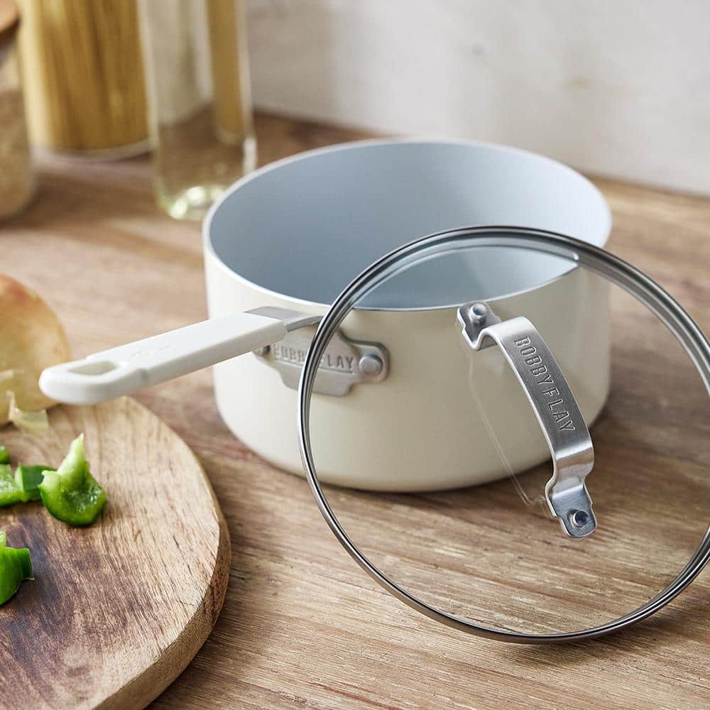 Cream 2.53QT Aluminum Nonstick Saucepan with Glass Lid
