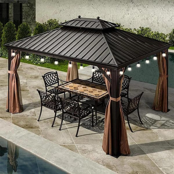 PURPLE LEAF 10 ft.x 13 ft.Bronze Patio Outdoor Gazebo for Backyard Hardtop Aluminum Frame with Hooks,Netting,Khaki Curtain,24 Lights