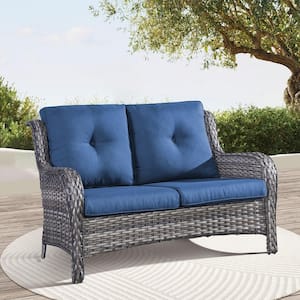 Gray PE Wicker Outdoor Loveseat with Blue Cushions