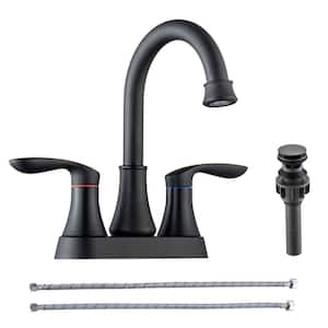 4 in. Centerset Double-Handle High-Arc Bathroom Faucet with Drain and Supply Line Included in Matte Black