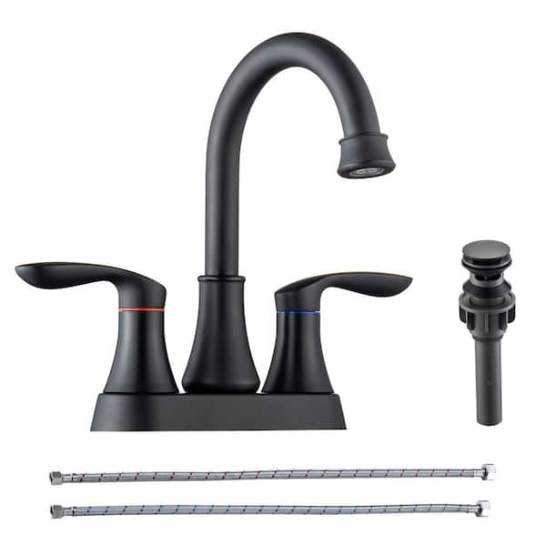 RAINLEX 4 in. Centerset Double-Handle High-Arc Bathroom Faucet with Drain and Supply Line Included in Matte Black
