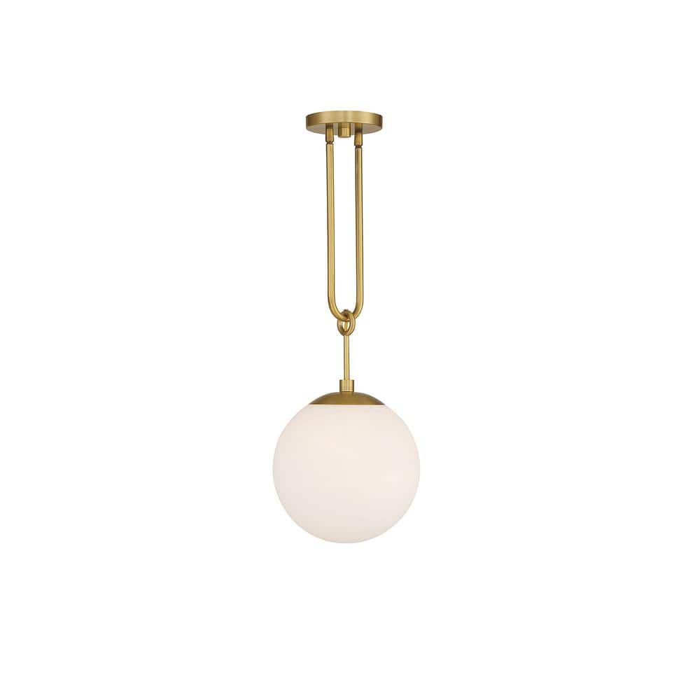 Becker Mid-Century Warm Brass Globe Pendant with White Glass