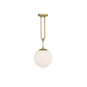 Becker 10 in. W x 27.5 in. H 1-Light Warm Brass Shaded Pendant Light with Frosted Glass Shade