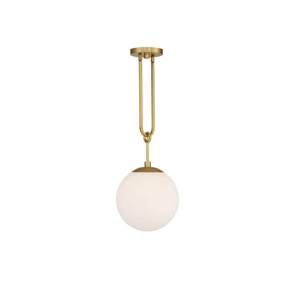 Savoy House Becker 10 in. W x 27.5 in. H 1-Light Warm Brass Shaded Pendant Light with Frosted Glass Shade