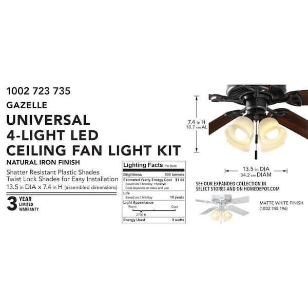 Hampton Bay Gazelle 4 Light Led Natural Iron Universal Ceiling Fan Kit 91306 The