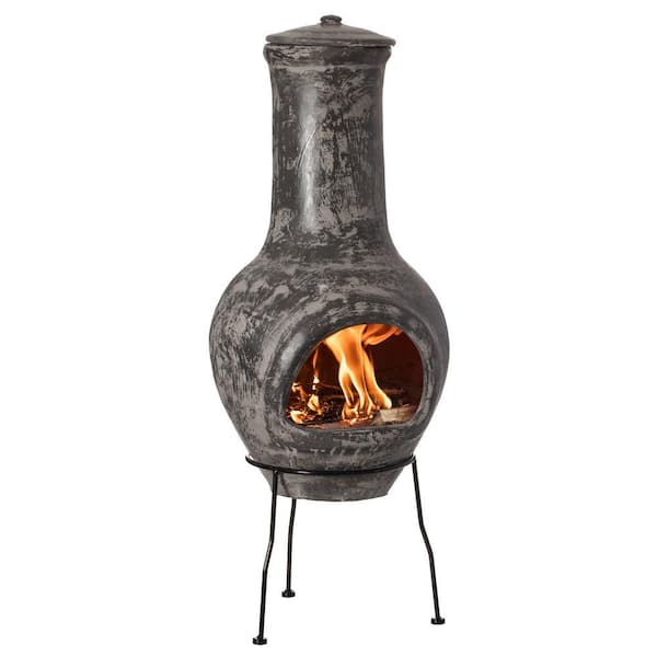 Outdoor Stoney Grey Clay Chimenea Scribbled Design Fire Pit with Metal Stand