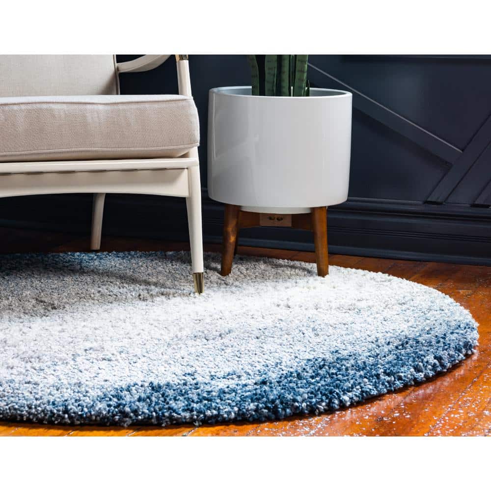 Luxurious Handmade Blue Geometric Shag Round Rug, 5' Diameter