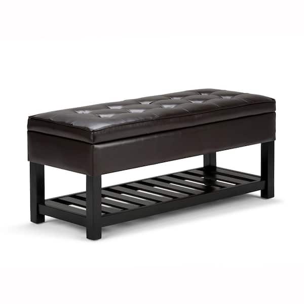 Simpli Home - Cosmopolitan 44 in. Wide Transitional Rectangle Storage Ottoman Bench with Open Bottom in Tanners Brown Faux Leather