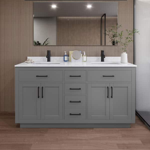 Wyndham Collection Beckett TK 66 in. W x 22 in. D x 35 in. H Double Bath Vanity in Dark Gray with Carrara Cultured Marble Top