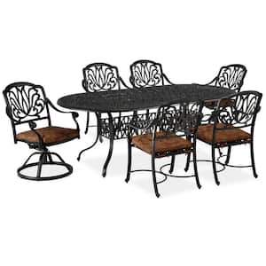 Capri Charcoal Gray 7-Piece Cast Aluminum Oval Outdoor Dining Set with Burnt Sierra Orange Cushions