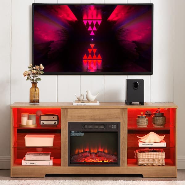 ToolCat 58 in TV Stand Electric Fireplace Glass Shelves, 3D Fireplace TV Stand with LED Lights Wood with USB Charging Outlet