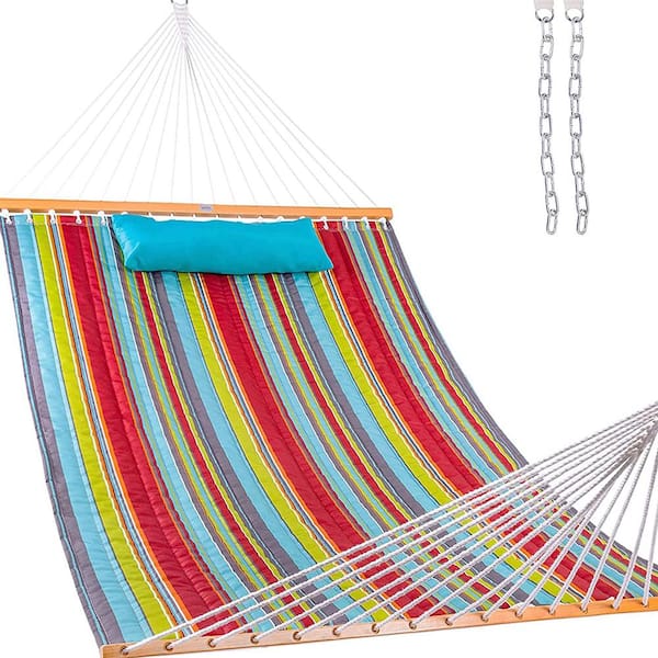 Unbranded 12 ft. Quilted Fabric Hammock with Pillow, Double 2 Person Hammock (Blue Red)