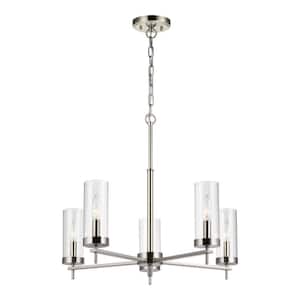 Zire 5-Light Brushed Nickel Modern Minimalist Dining Room Hanging Candlestick Chandelier with Clear Glass Shades