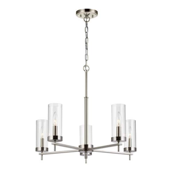 Generation Lighting Zire 5-Light Brushed Nickel Modern Minimalist Dining Room Hanging Candlestick Chandelier with Clear Glass Shades