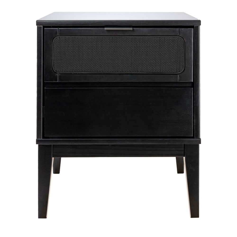 Black Wood Nightstand with Woven Cane Detail and 2 Drawers
