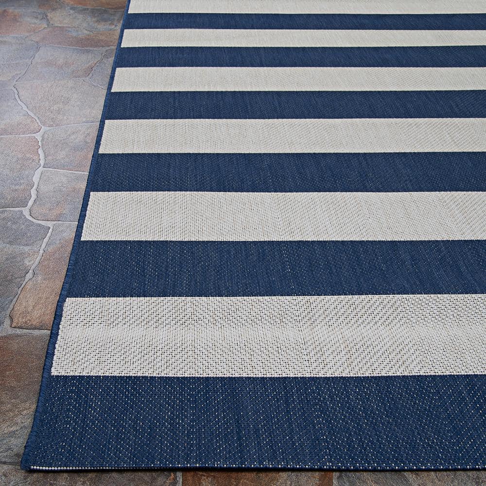 Midnight Blue and Ivory Stripe Synthetic Easy-Care Outdoor Rug, 3'11" x 5'7"