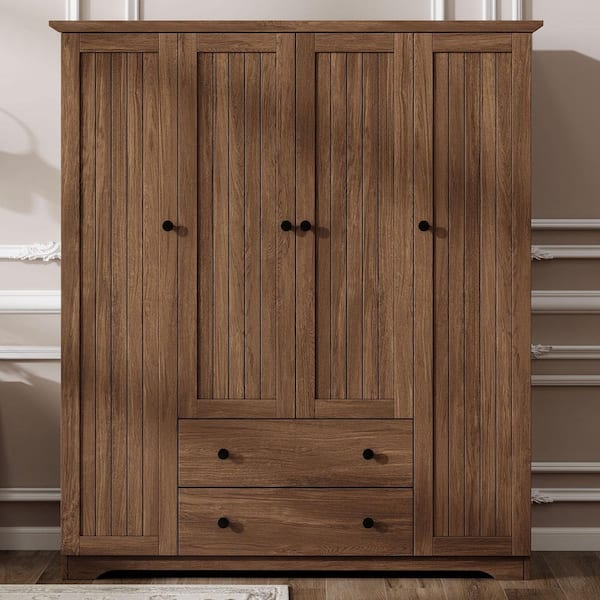 Brown MDF Wood 60.6 in. Wardrobe with 4 Doors and 2 Drawers