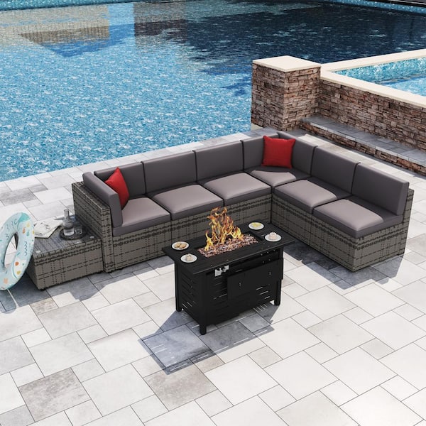 Sizzim 8-Piece Patio Wicker Sectional Set with 44 in. Metal Fire Pit Table, Gray Cushions and Set Covers