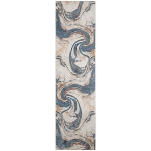 Astra Machine Washable Ivory Blue 2 ft. x 8 ft. Abstract Contemporary Runner Area Rug