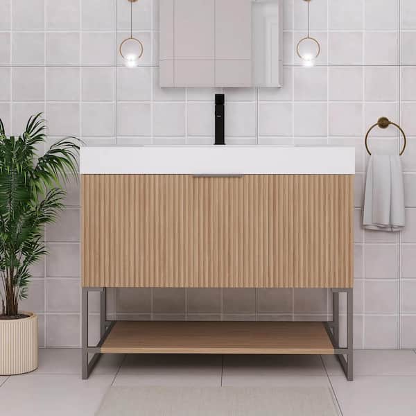 Boosicavelly 35.83 in. W Freestanding Bath Vanity in Brown Oak with White Acrylic Top