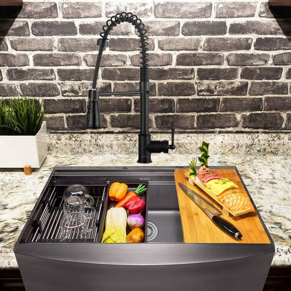 AKDY All-in-One Matte Black Finished Stainless Steel 33 in. x 22