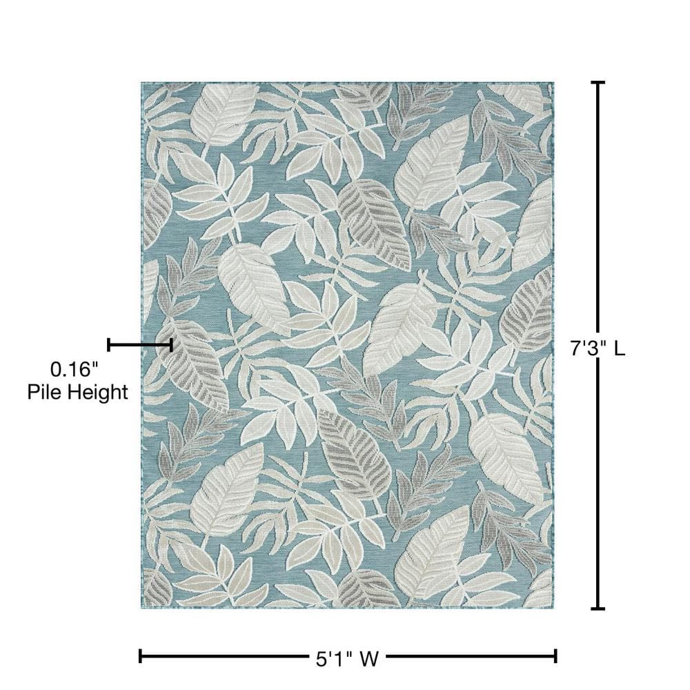 Aqua Floral Bliss 5' x 7' Synthetic Reversible Area Rug