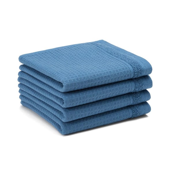 TOWN & COUNTRY LIVING Small Waffle Woven Terry Stripe 13 in. x 13 in. Blue Cotton Washcloth Set 4-Pack