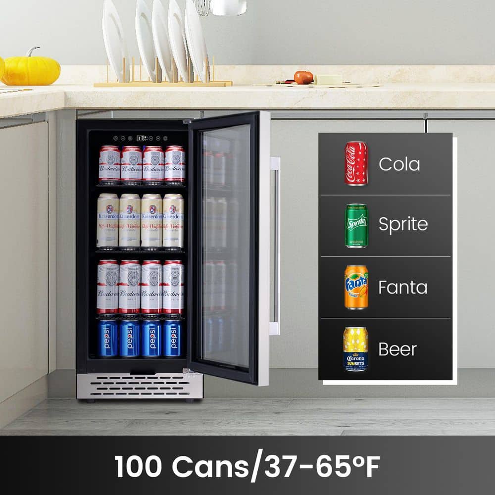 15-Inch Stainless Steel Single Zone Beverage Cooler with Glass Door
