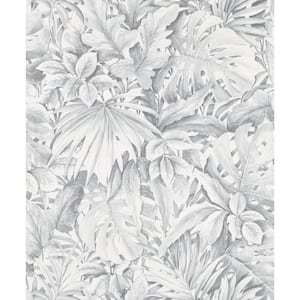 Jungle Leaves Grey Matte Finish Vinyl on Non-Woven Non-Pasted Wallpaper Roll