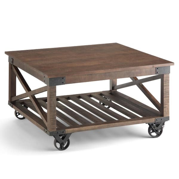 Simpli Home Harding Solid Mango Wood and Metal 32 in. Wide Square Industrial Coffee Table in Distressed Dark Brown