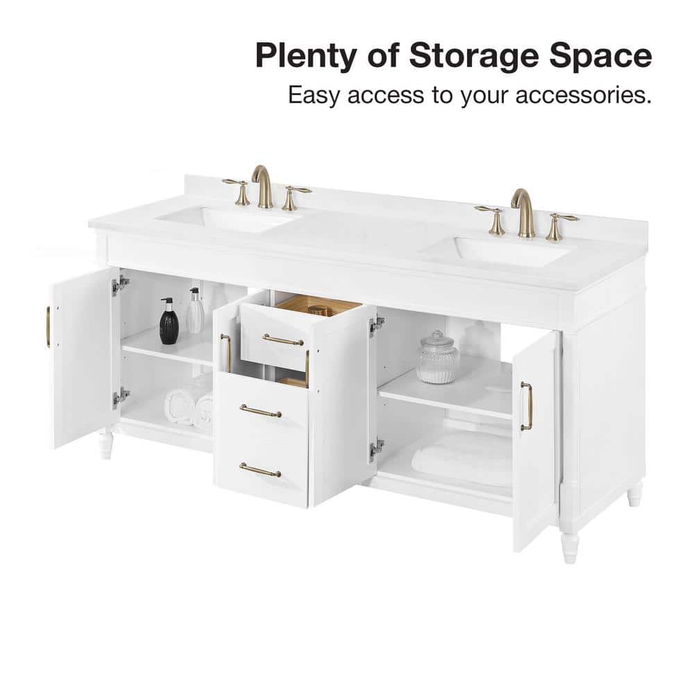 Salisbury 72" Pure White Double Sink Bathroom Vanity with Brass Hardware