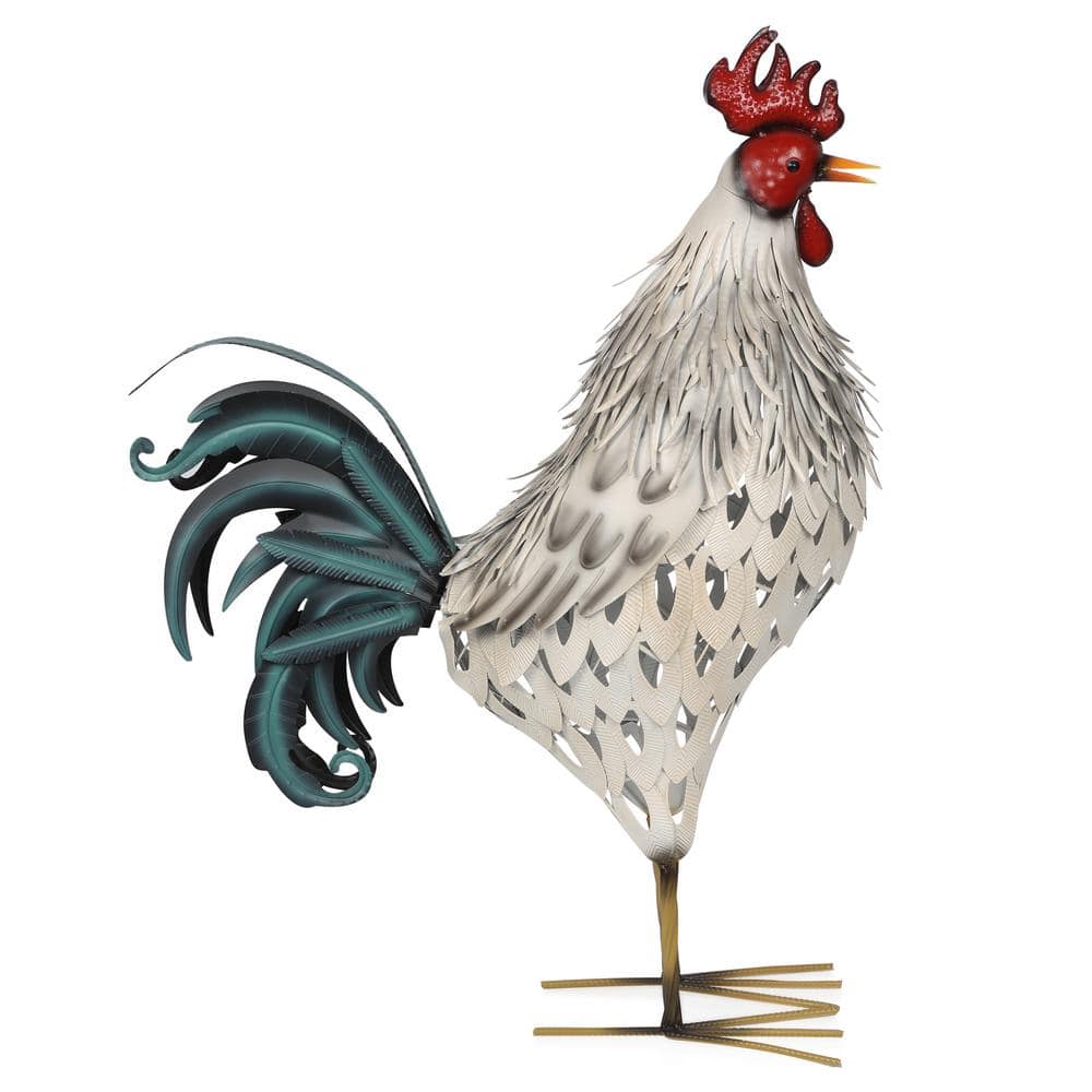 Lifelike White and Red Metal Rooster Garden Statue