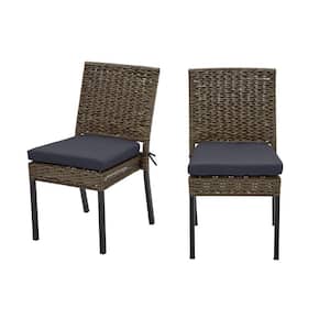 Laguna Point Brown Wicker Outdoor Patio Dining Chair with CushionGuard Midnight Navy Blue Cushions (2-Pack)
