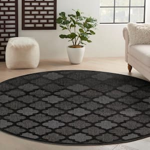 Easy Care Charcoal Black 10 ft. x 10 ft. Trellis Contemporary Round Area Rug