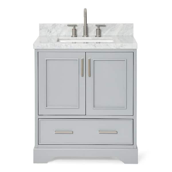 Stafford 30 in. W x 22 in. D x 36 in. H Single Sink Freestanding Bath Vanity in Gray with Carrara White Marble Top