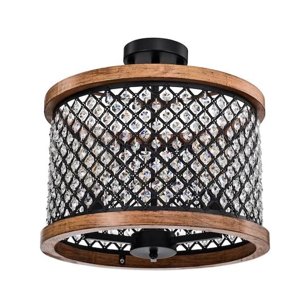 Warehouse of Tiffany Denica 16 in. 3-Light Indoor Matte Black and Faux Wood Grain Semi-Flush Mount Ceiling Light with Light Kit