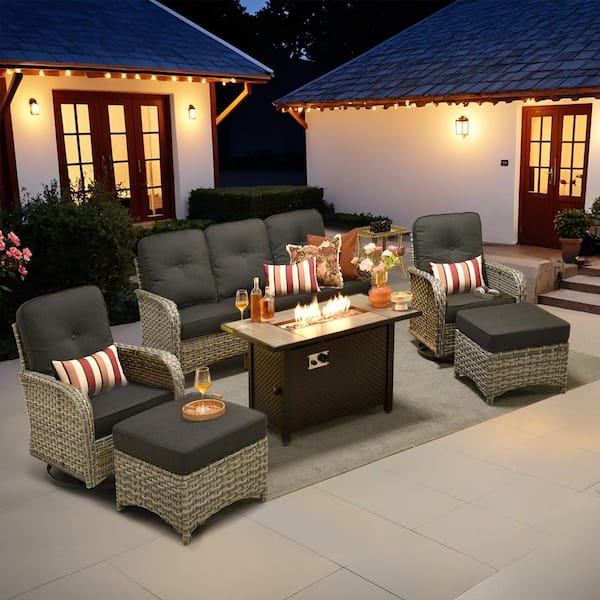 Beverly 7-Piece Wicker Patio Conversation Sofa Swivel Chairs Set with Metal Fire Pit and Black Cushions