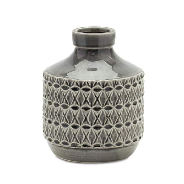 HomeRoots 7.5 in. Gray Terra Cotta Round Decorative Vase