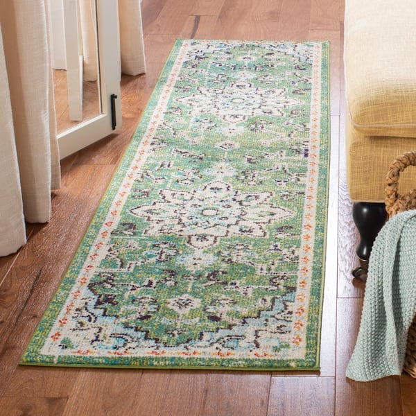 Madison Green/Turquoise 2 ft. x 16 ft. Border Geometric Floral Medallion Runner Rug
