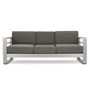 Valentina Silver Aluminum Outdoor Sofa with Khaki Cushions and Tray