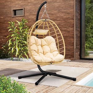 Beige Wicker Patio Swing Hanging Egg Chair with Steel Stand UV Resistant Cushion
