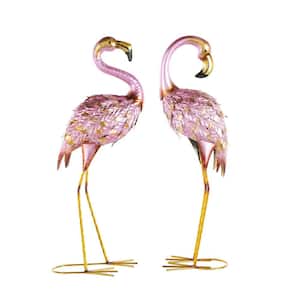 25 in. Large Metal Flamingo Garden Sculpture with Dimensional Feathers and Gold Accents (2-Pack)