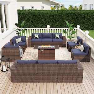 13-Piece Outdoor Fire Pit Patio Set, Patio Sectional Set with Fire Pit Table, Coffee Table, Blue Cushions, Set Covers