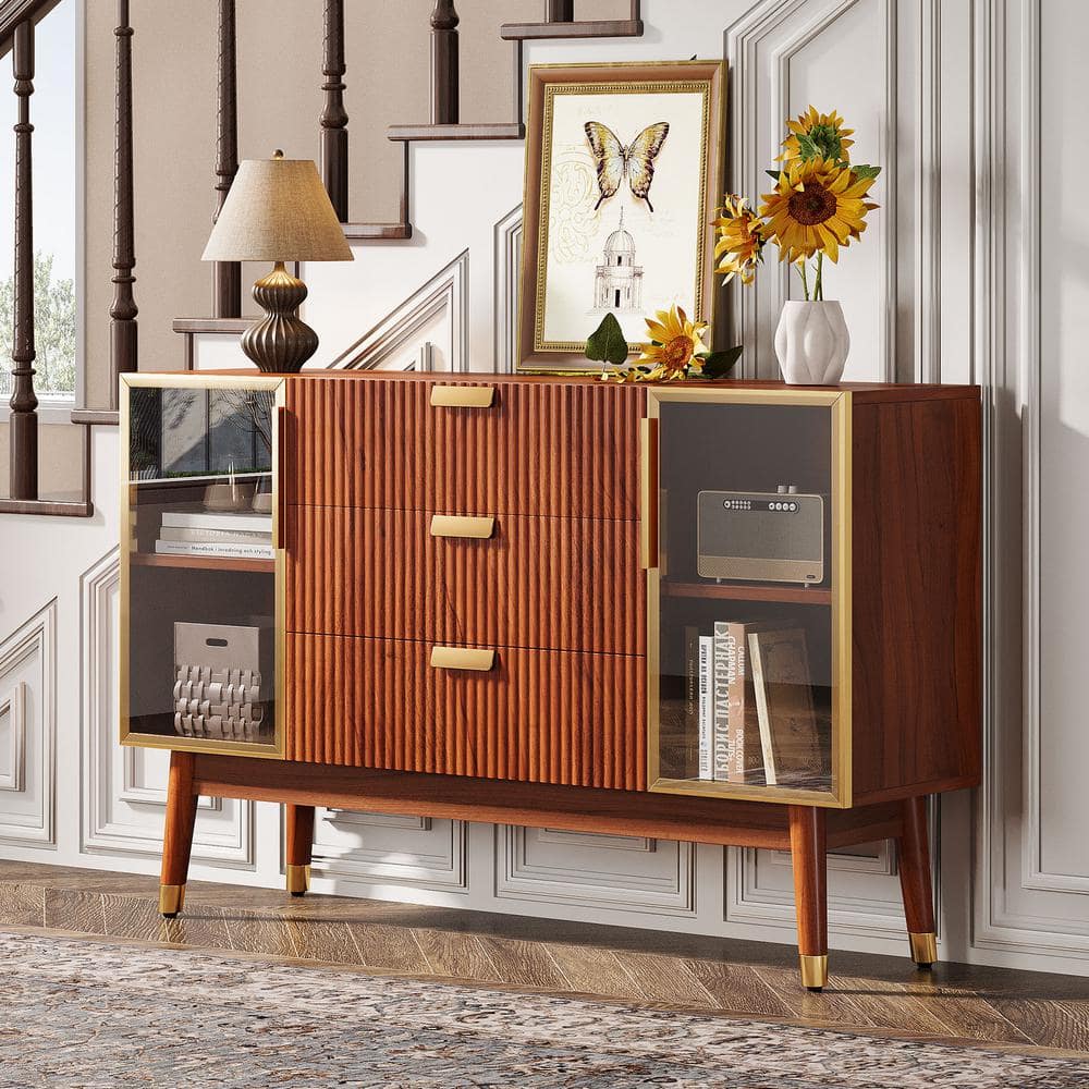 55" Brown Walnut Sideboard Buffet with Gold Metal Handles