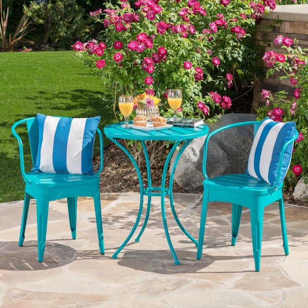 Unbranded 3-Piece Teal Metal Outdoor Bistro Set Outdoor Patio Dining Sets Round Table with Chairs Set