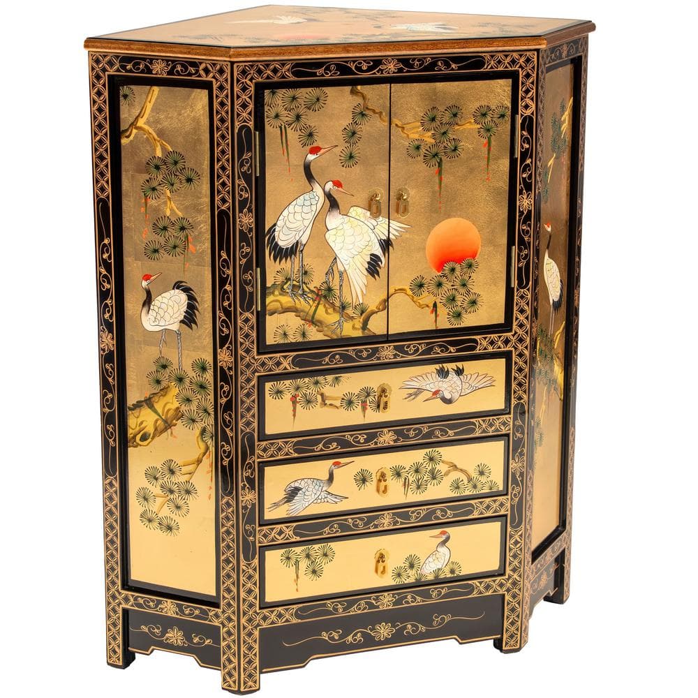 Gold Lacquer Hand-Painted Cranes Corner Cabinet