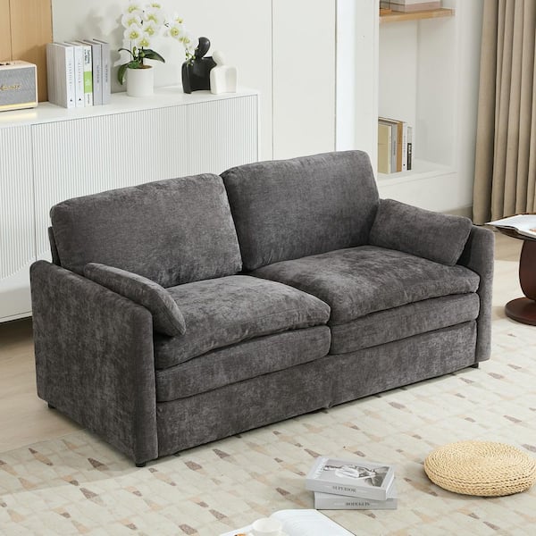 68.1 in. Rolled Arm Chenille Upholstered Rectangle Loveseat Sofa in. Gray with Double Cushion Design Lumbar Pillows