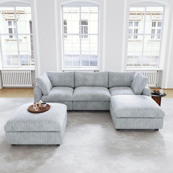  118 in. Square Arm Soft Faux Rabbit Fur Velvet 5-Piece U-Shaped Modern Comfy Cloud Modular Sectional Sofa Couch in Gray