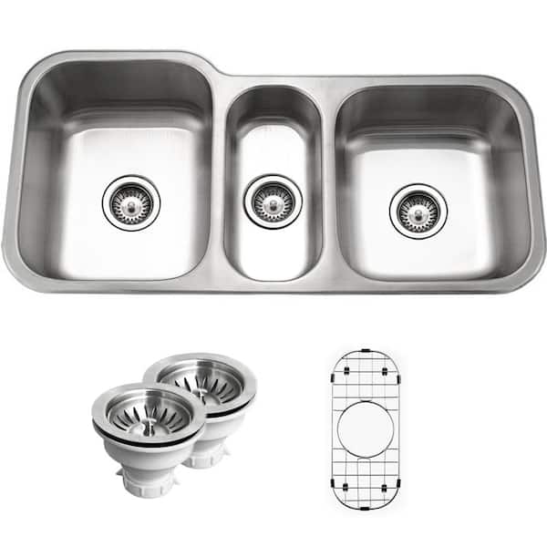 HOUZER Houzer Medallion Gourmet 40 in. Stainless Steel Undermount Triple Bowl Kitchen Sink with Strainer and Grid - MGT-4120-C
