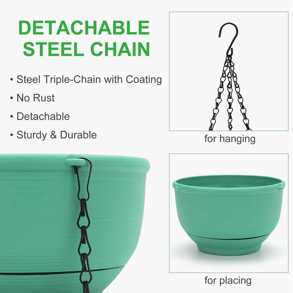 8 Inch Green Plastic Self-Watering Hanging Planter Set
